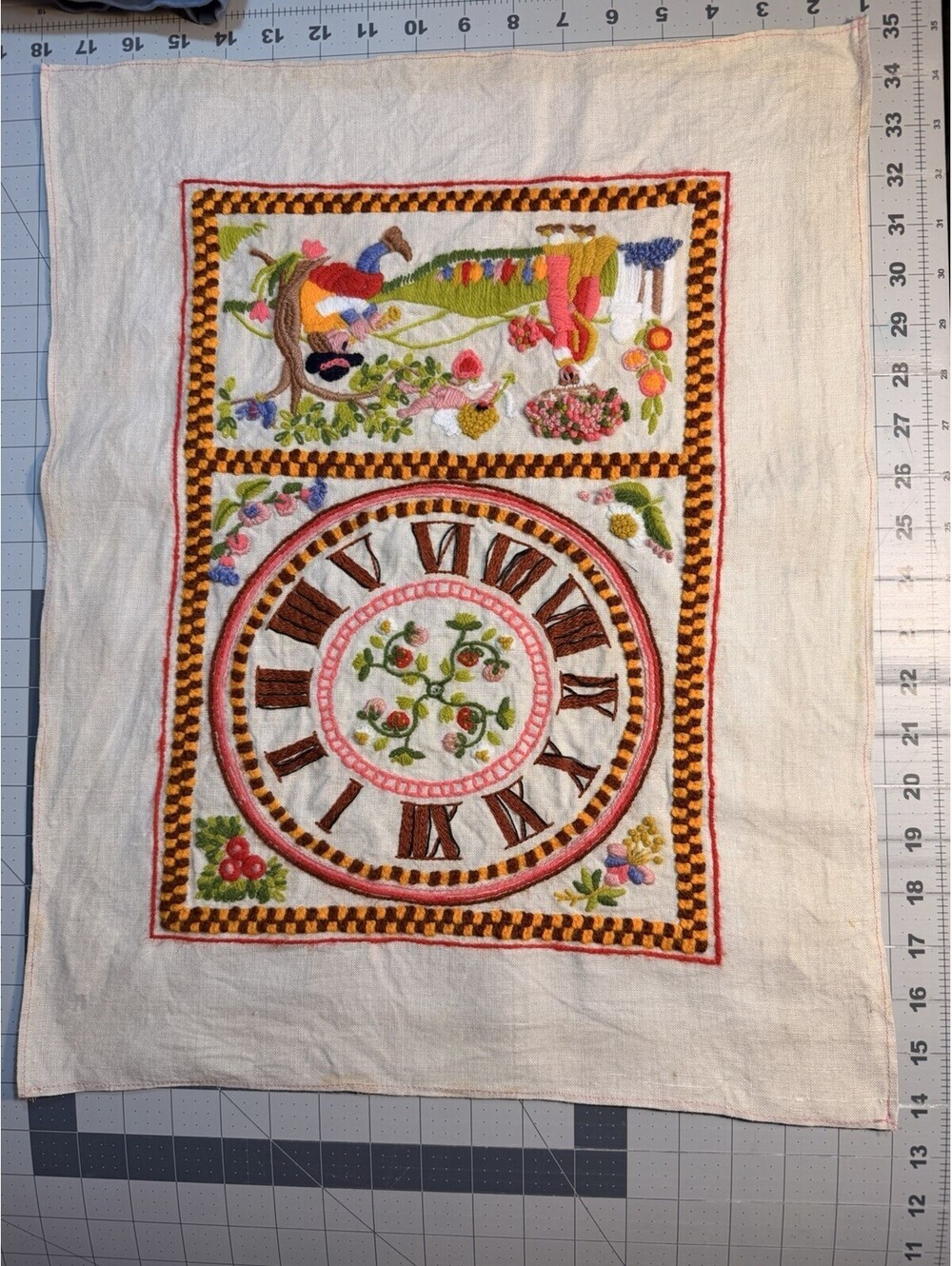 Vintage Handmade Embroidered Tapestry Clock Garden Scene
